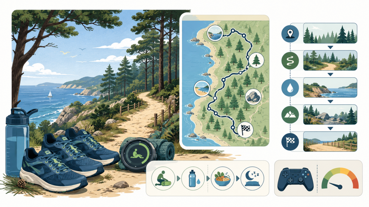 Parcours de course entre forêt et littoral avec montre, récupération et petite interface numérique.