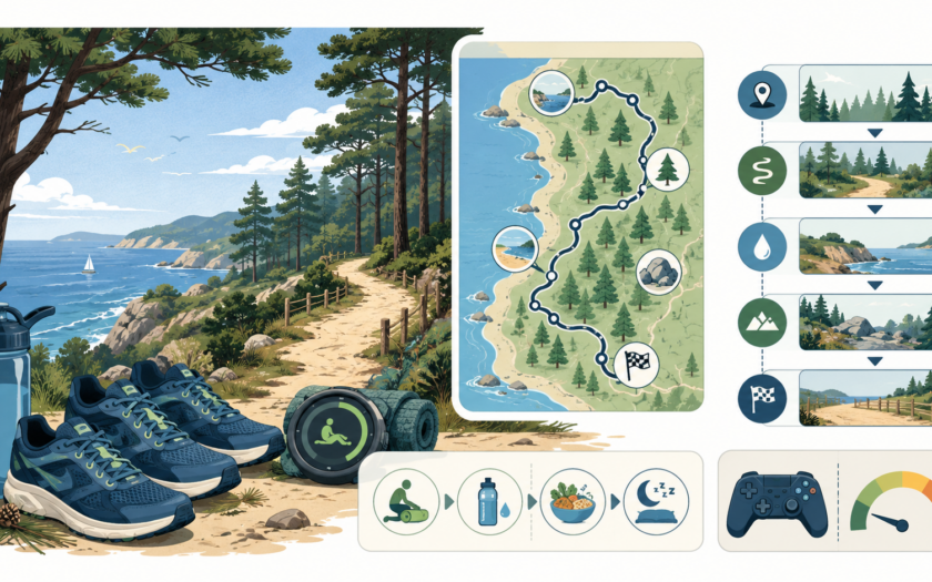 Parcours de course entre forêt et littoral avec montre, récupération et petite interface de loisir numérique.